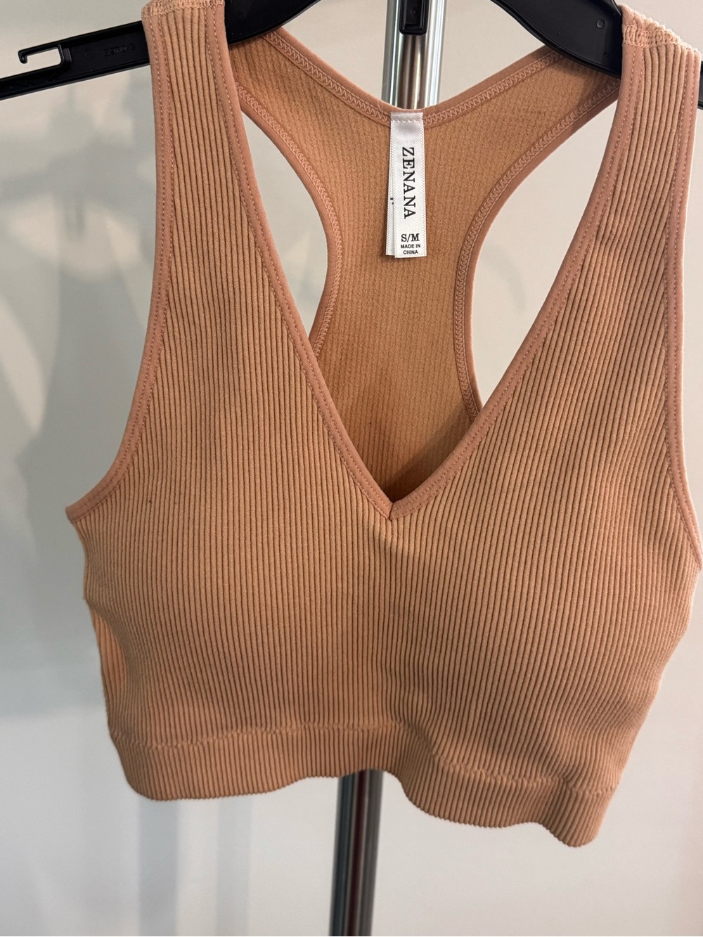 Zenana Outfitters Ribbed V-Neck Brami in Tan